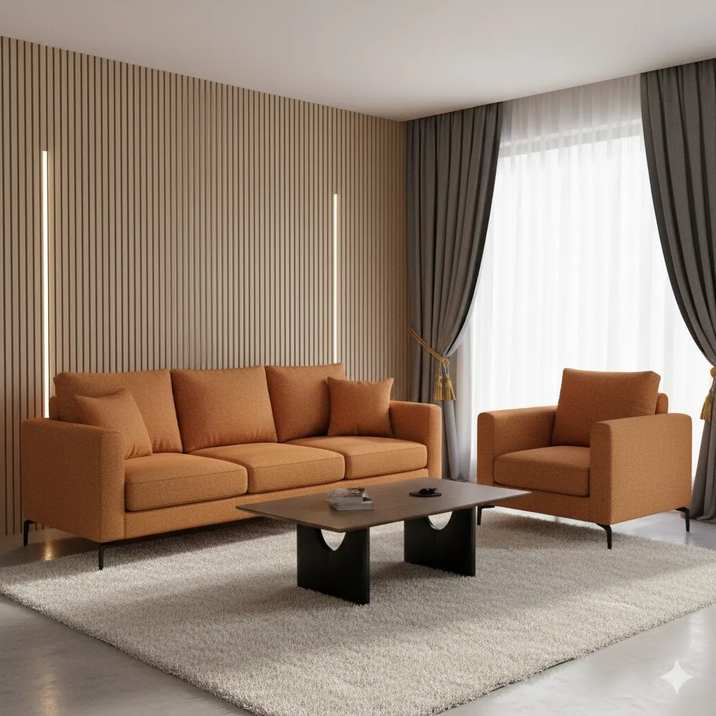 Rubel fabric Sofa Set 3+1 along with 3 Pillows. Soft suede fabric.