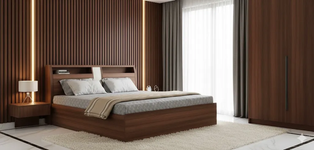 Wooden Laminate finished Bed. Wooden Box Bed along with storage in headboard. 75% Hydraulic inside bed storage. (King Size)