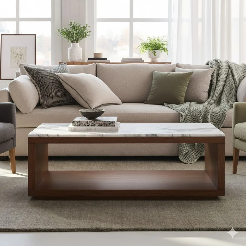 Riol Rectangular Wooden Centre table with marble top. (4' x 2')